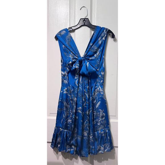 Alexis Blue Floral Print Silky Open Tie Back Mini Dress Size S - Picture 7 of 13